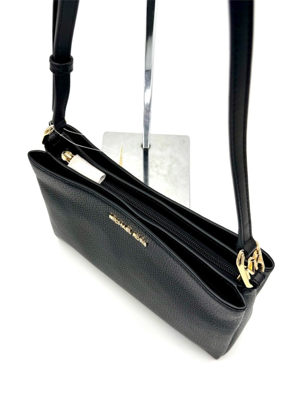 Michael Kors Trisha Medium Pebbled Leather Crossbody Bag Black/Gold - Picture 7 of 10